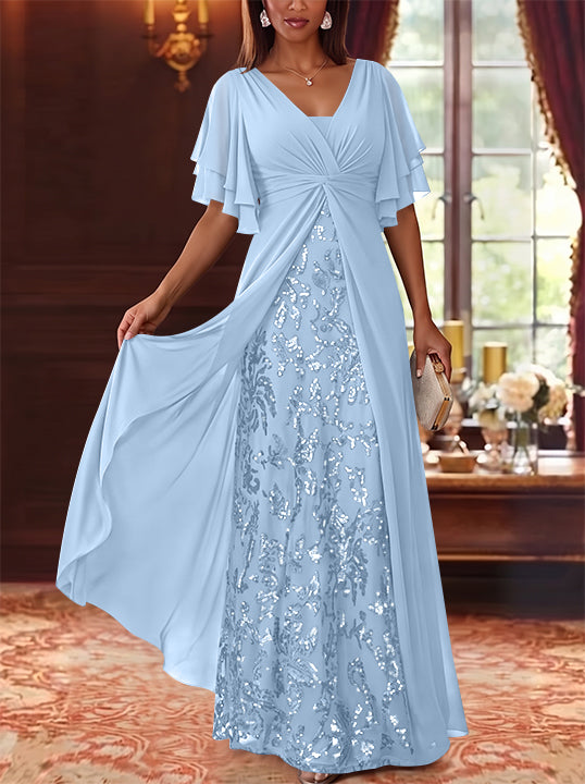 A-Line/Princess V-Neck Chiffon Mother of the Bride Dresses Sequins Floral Floor-Length Short Sleeves