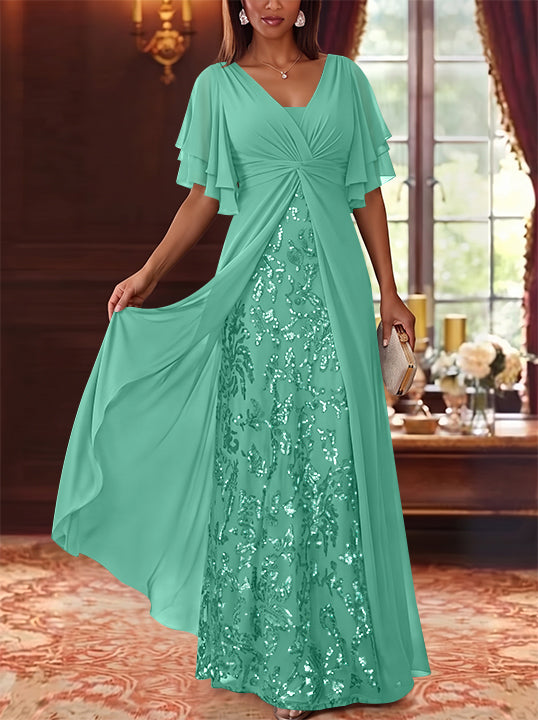 A-Line/Princess V-Neck Chiffon Mother of the Bride Dresses Sequins Floral Floor-Length Short Sleeves