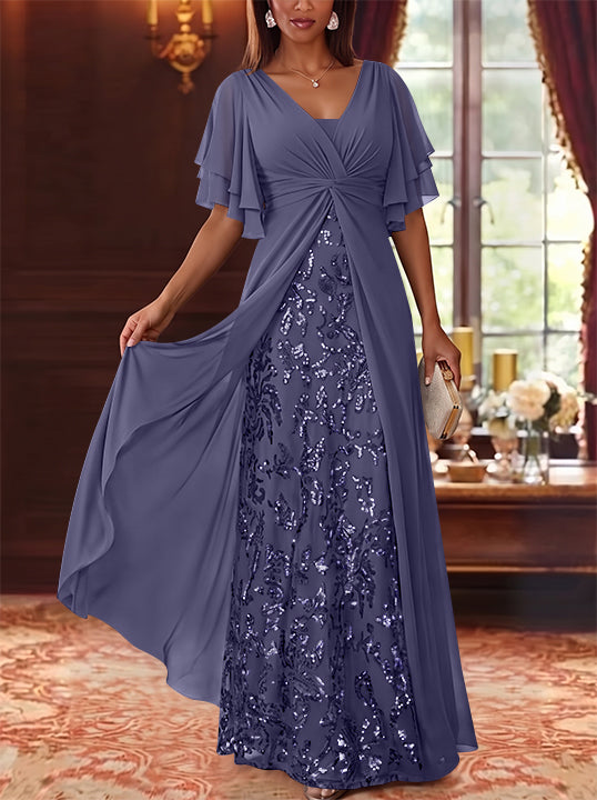 A-Line/Princess V-Neck Chiffon Mother of the Bride Dresses Sequins Floral Floor-Length Short Sleeves
