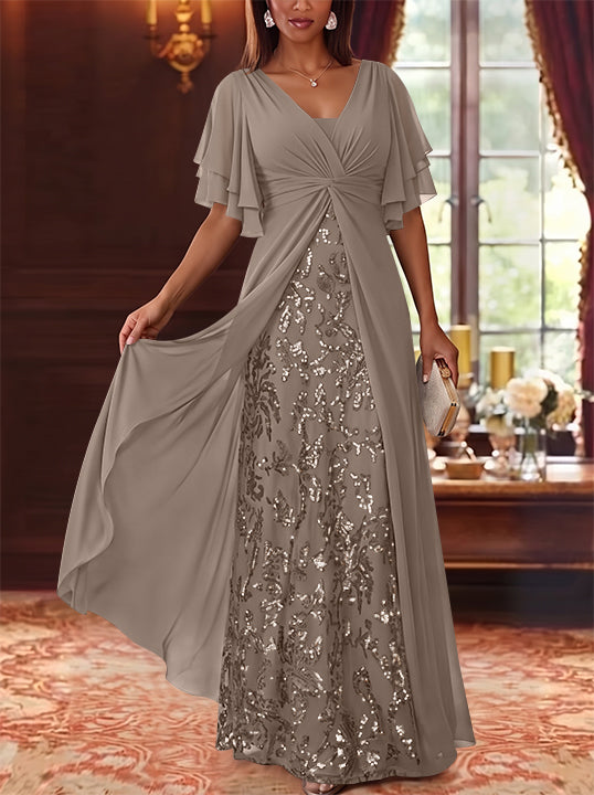 A-Line/Princess V-Neck Chiffon Mother of the Bride Dresses Sequins Floral Floor-Length Short Sleeves
