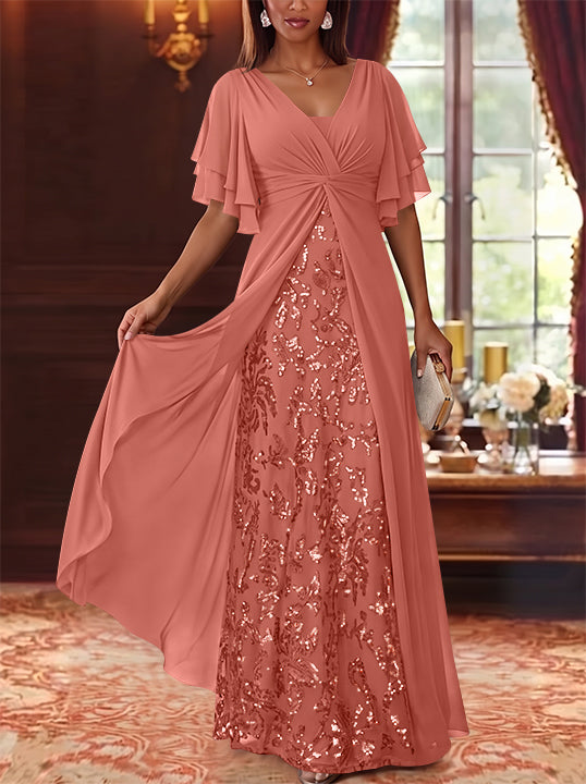 A-Line/Princess V-Neck Chiffon Mother of the Bride Dresses Sequins Floral Floor-Length Short Sleeves