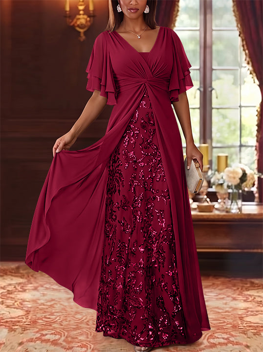 A-Line/Princess V-Neck Chiffon Mother of the Bride Dresses Sequins Floral Floor-Length Short Sleeves