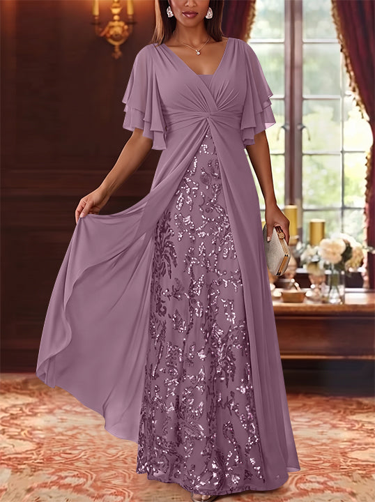A-Line/Princess V-Neck Chiffon Mother of the Bride Dresses Sequins Floral Floor-Length Short Sleeves
