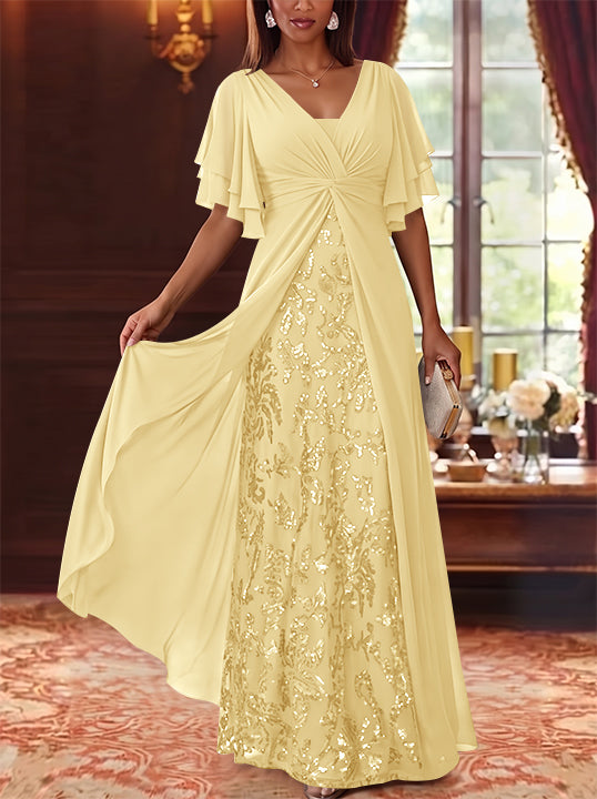 A-Line/Princess V-Neck Chiffon Mother of the Bride Dresses Sequins Floral Floor-Length Short Sleeves