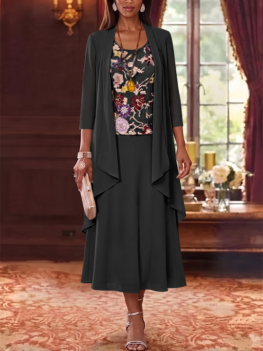 2 Pieces A-Line/Princess Scoop Chiffon Mother of the Bride Dresses Lace Embroidery 3/4 Sleeves Tea-Length