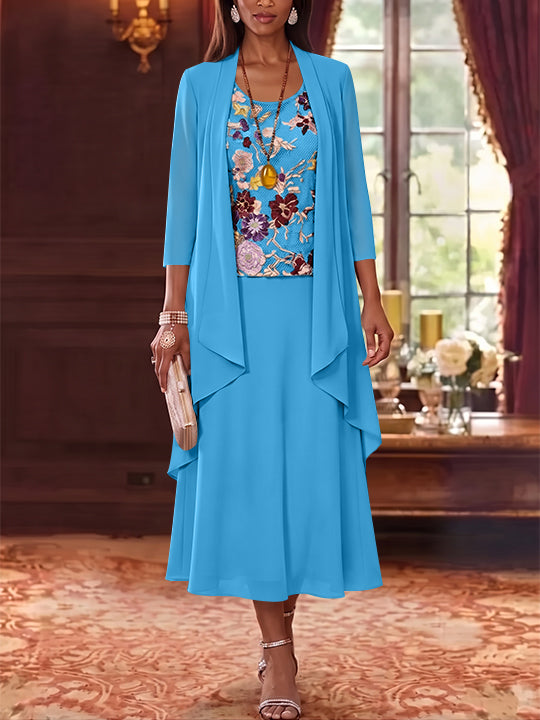 2 Pieces A-Line/Princess Scoop Chiffon Mother of the Bride Dresses Lace Embroidery 3/4 Sleeves Tea-Length