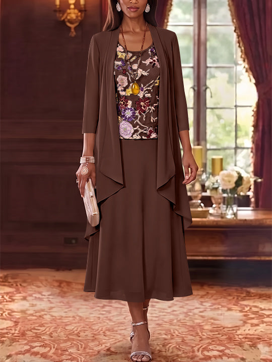 2 Pieces A-Line/Princess Scoop Chiffon Mother of the Bride Dresses Lace Embroidery 3/4 Sleeves Tea-Length