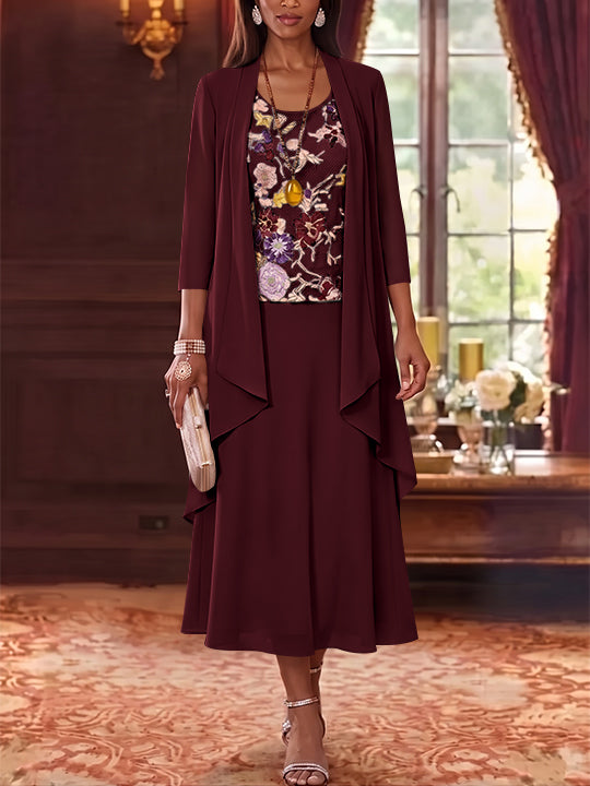 2 Pieces A-Line/Princess Scoop Chiffon Mother of the Bride Dresses Lace Embroidery 3/4 Sleeves Tea-Length