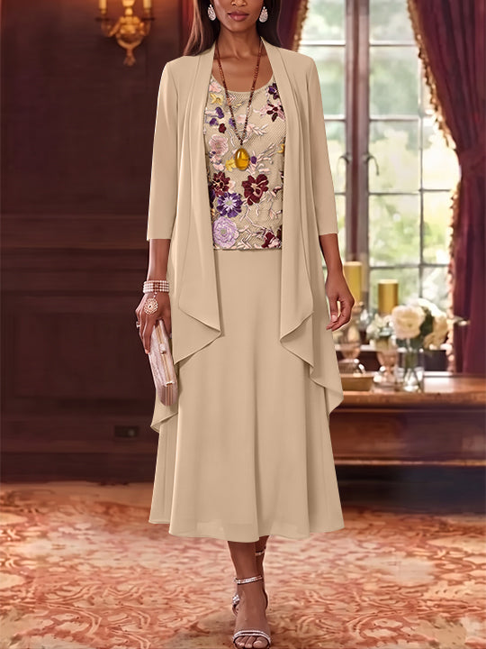 2 Pieces A-Line/Princess Scoop Chiffon Mother of the Bride Dresses Lace Embroidery 3/4 Sleeves Tea-Length