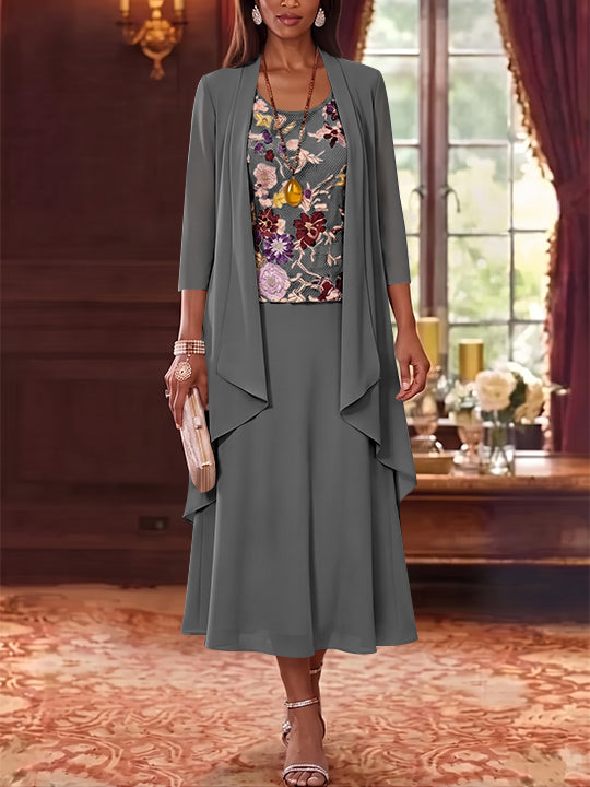 2 Pieces A-Line/Princess Scoop Chiffon Mother of the Bride Dresses Lace Embroidery 3/4 Sleeves Tea-Length