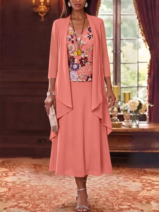 2 Pieces A-Line/Princess Scoop Chiffon Mother of the Bride Dresses Lace Embroidery 3/4 Sleeves Tea-Length