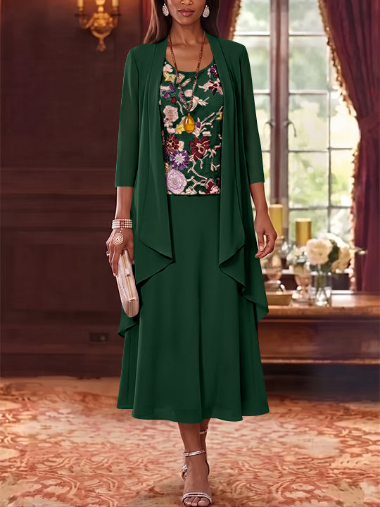 2 Pieces A-Line/Princess Scoop Chiffon Mother of the Bride Dresses Lace Embroidery 3/4 Sleeves Tea-Length