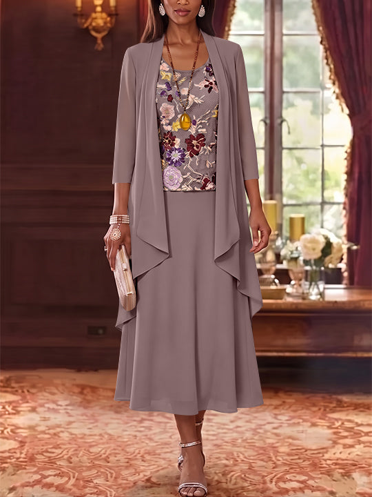 2 Pieces A-Line/Princess Scoop Chiffon Mother of the Bride Dresses Lace Embroidery 3/4 Sleeves Tea-Length