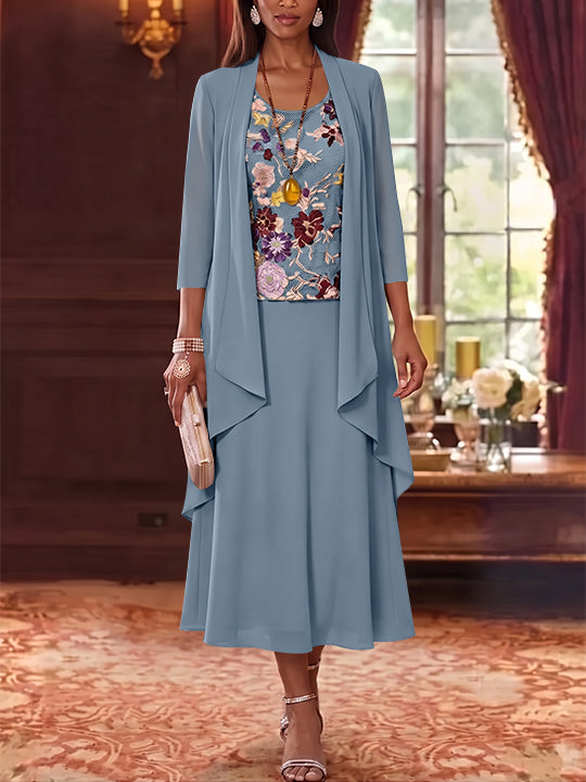 2 Pieces A-Line/Princess Scoop Chiffon Mother of the Bride Dresses Lace Embroidery 3/4 Sleeves Tea-Length