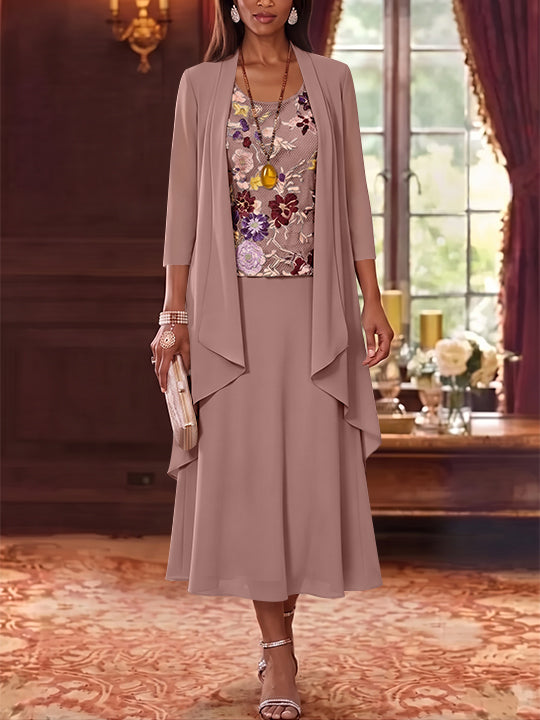 2 Pieces A-Line/Princess Scoop Chiffon Mother of the Bride Dresses Lace Embroidery 3/4 Sleeves Tea-Length