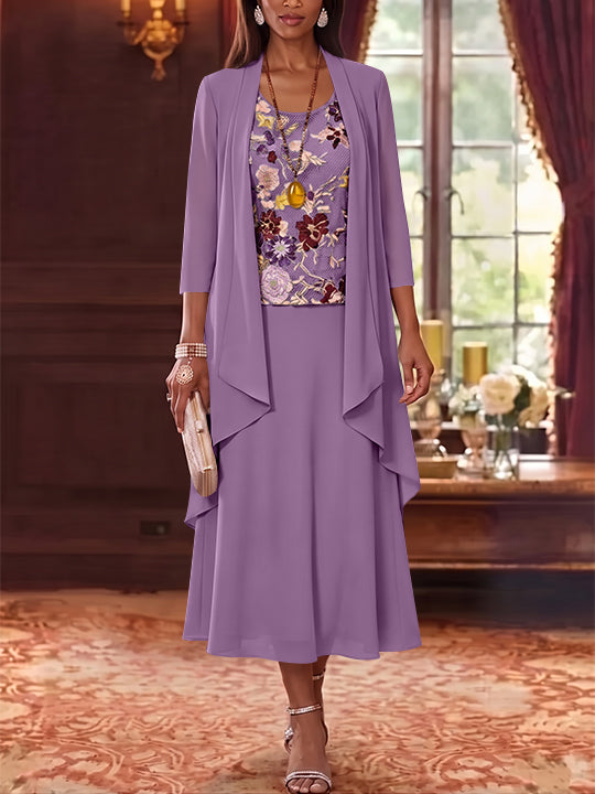 2 Pieces A-Line/Princess Scoop Chiffon Mother of the Bride Dresses Lace Embroidery 3/4 Sleeves Tea-Length