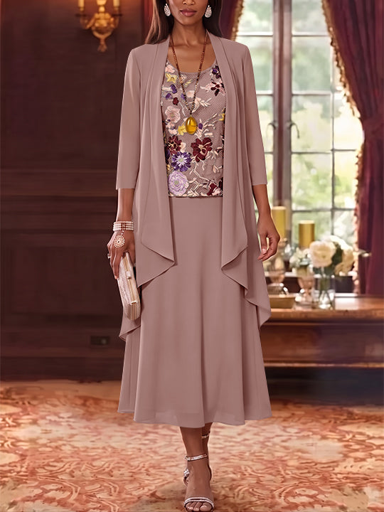 2 Pieces A-Line/Princess Scoop Chiffon Mother of the Bride Dresses Lace Embroidery 3/4 Sleeves Tea-Length