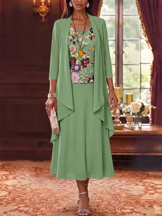 2 Pieces A-Line/Princess Scoop Chiffon Mother of the Bride Dresses Lace Embroidery 3/4 Sleeves Tea-Length