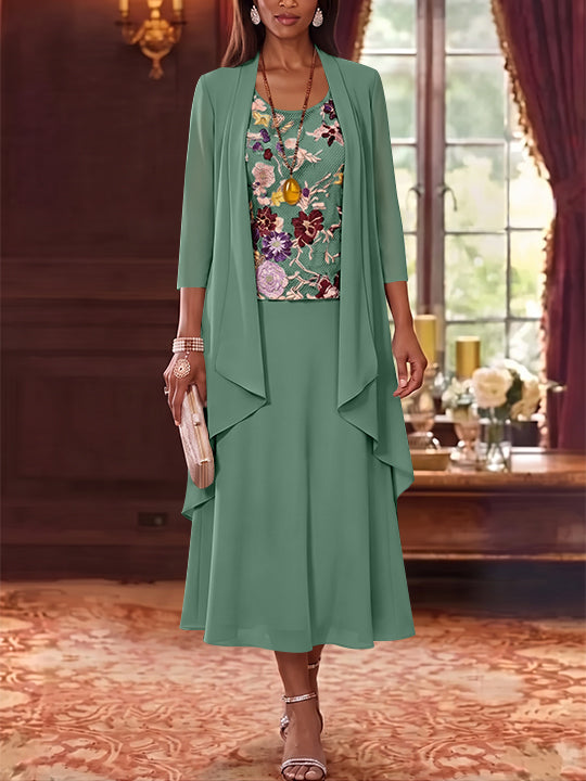2 Pieces A-Line/Princess Scoop Chiffon Mother of the Bride Dresses Lace Embroidery 3/4 Sleeves Tea-Length