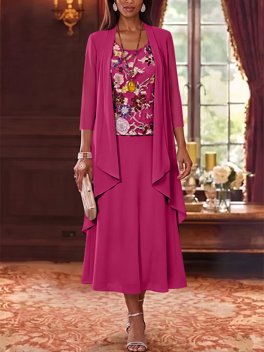 2 Pieces A-Line/Princess Scoop Chiffon Mother of the Bride Dresses Lace Embroidery 3/4 Sleeves Tea-Length