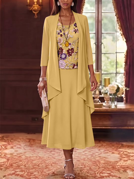 2 Pieces A-Line/Princess Scoop Chiffon Mother of the Bride Dresses Lace Embroidery 3/4 Sleeves Tea-Length