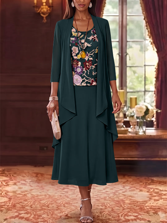2 Pieces A-Line/Princess Scoop Chiffon Mother of the Bride Dresses Lace Embroidery 3/4 Sleeves Tea-Length