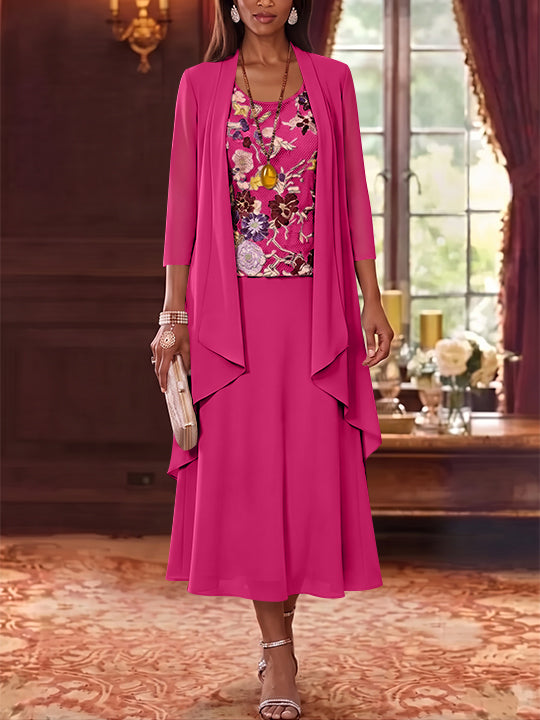 2 Pieces A-Line/Princess Scoop Chiffon Mother of the Bride Dresses Lace Embroidery 3/4 Sleeves Tea-Length