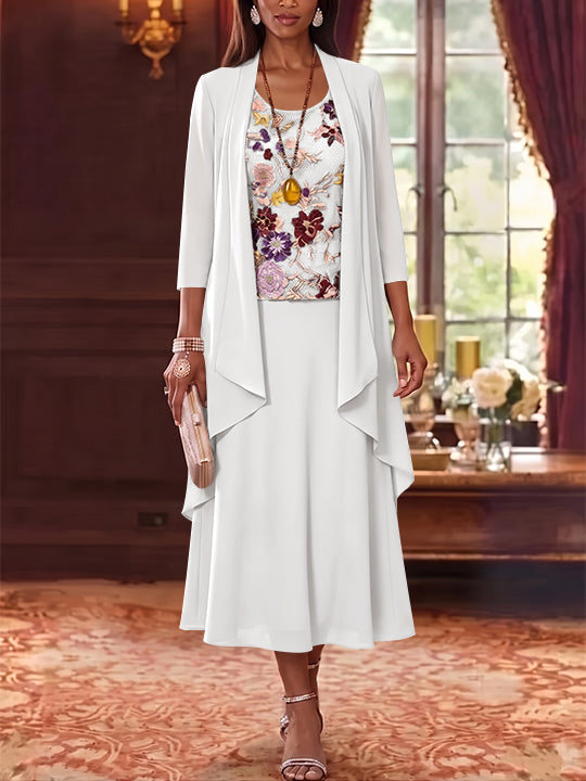 2 Pieces A-Line/Princess Scoop Chiffon Mother of the Bride Dresses Lace Embroidery 3/4 Sleeves Tea-Length