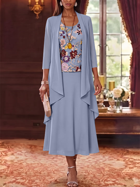 2 Pieces A-Line/Princess Scoop Chiffon Mother of the Bride Dresses Lace Embroidery 3/4 Sleeves Tea-Length