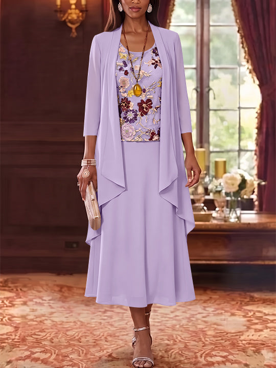 2 Pieces A-Line/Princess Scoop Chiffon Mother of the Bride Dresses Lace Embroidery 3/4 Sleeves Tea-Length