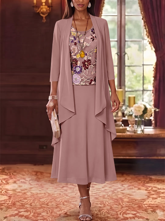 2 Pieces A-Line/Princess Scoop Chiffon Mother of the Bride Dresses Lace Embroidery 3/4 Sleeves Tea-Length