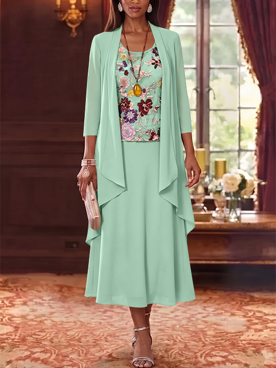 2 Pieces A-Line/Princess Scoop Chiffon Mother of the Bride Dresses Lace Embroidery 3/4 Sleeves Tea-Length