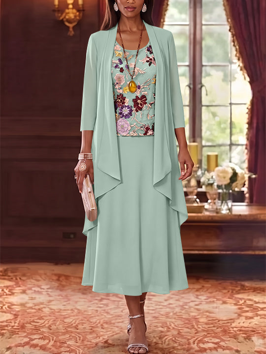 2 Pieces A-Line/Princess Scoop Chiffon Mother of the Bride Dresses Lace Embroidery 3/4 Sleeves Tea-Length
