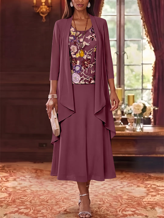 2 Pieces A-Line/Princess Scoop Chiffon Mother of the Bride Dresses Lace Embroidery 3/4 Sleeves Tea-Length