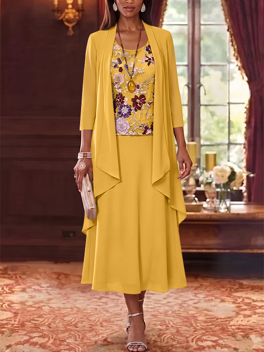 2 Pieces A-Line/Princess Scoop Chiffon Mother of the Bride Dresses Lace Embroidery 3/4 Sleeves Tea-Length