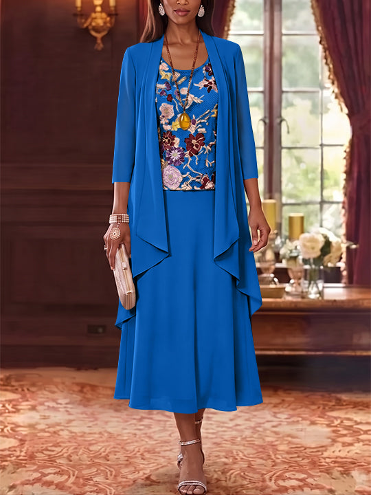 2 Pieces A-Line/Princess Scoop Chiffon Mother of the Bride Dresses Lace Embroidery 3/4 Sleeves Tea-Length