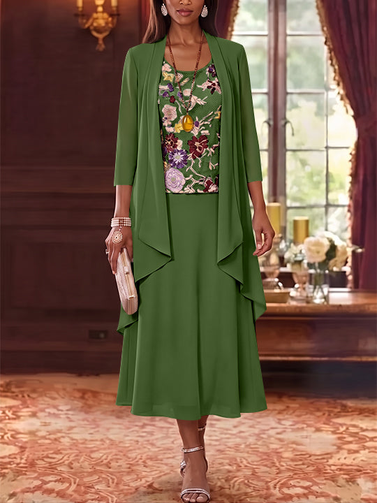 2 Pieces A-Line/Princess Scoop Chiffon Mother of the Bride Dresses Lace Embroidery 3/4 Sleeves Tea-Length