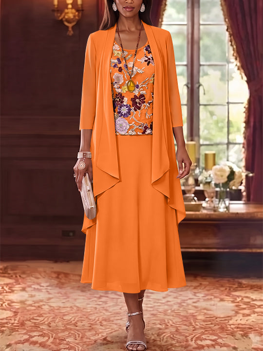 2 Pieces A-Line/Princess Scoop Chiffon Mother of the Bride Dresses Lace Embroidery 3/4 Sleeves Tea-Length