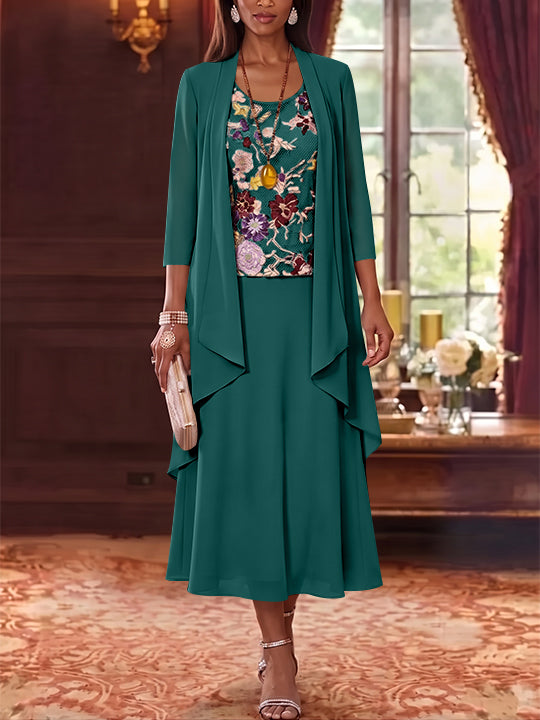 2 Pieces A-Line/Princess Scoop Chiffon Mother of the Bride Dresses Lace Embroidery 3/4 Sleeves Tea-Length