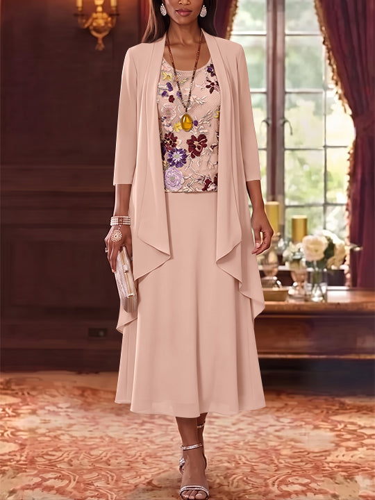 2 Pieces A-Line/Princess Scoop Chiffon Mother of the Bride Dresses Lace Embroidery 3/4 Sleeves Tea-Length