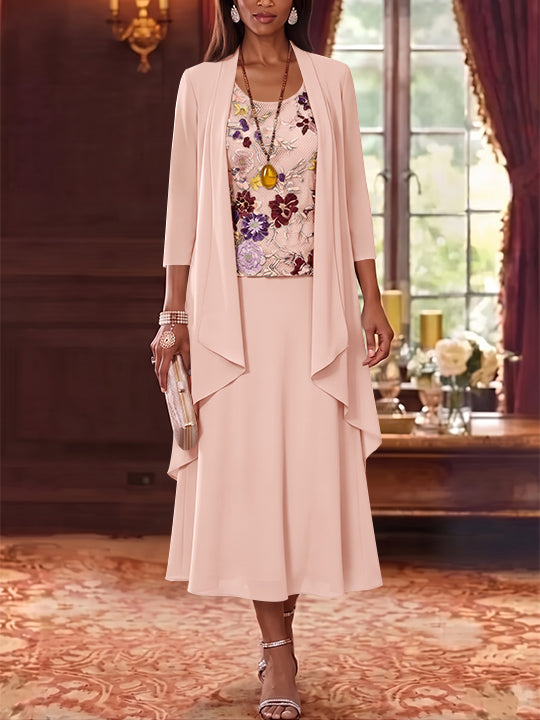 2 Pieces A-Line/Princess Scoop Chiffon Mother of the Bride Dresses Lace Embroidery 3/4 Sleeves Tea-Length