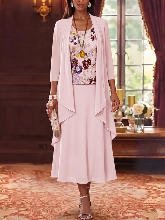 2 Pieces A-Line/Princess Scoop Chiffon Mother of the Bride Dresses Lace Embroidery 3/4 Sleeves Tea-Length
