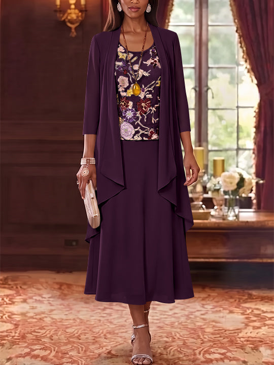 2 Pieces A-Line/Princess Scoop Chiffon Mother of the Bride Dresses Lace Embroidery 3/4 Sleeves Tea-Length