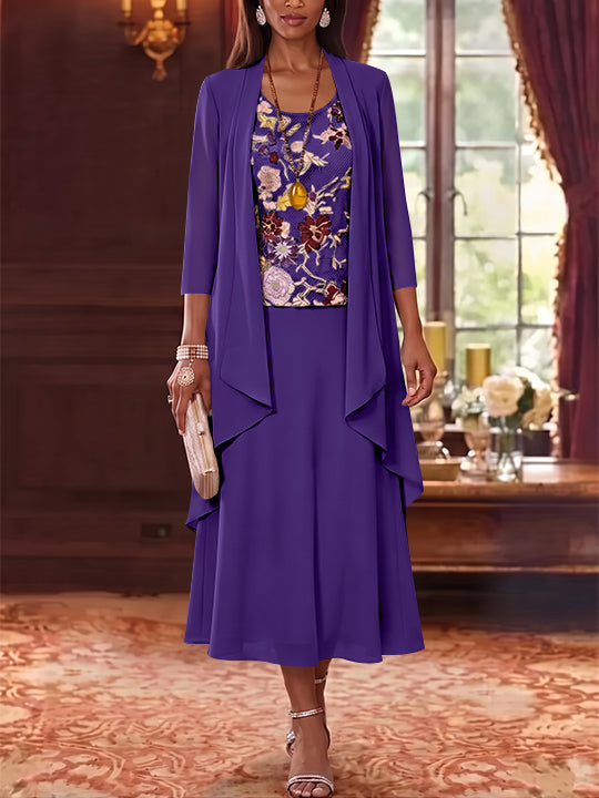 2 Pieces A-Line/Princess Scoop Chiffon Mother of the Bride Dresses Lace Embroidery 3/4 Sleeves Tea-Length