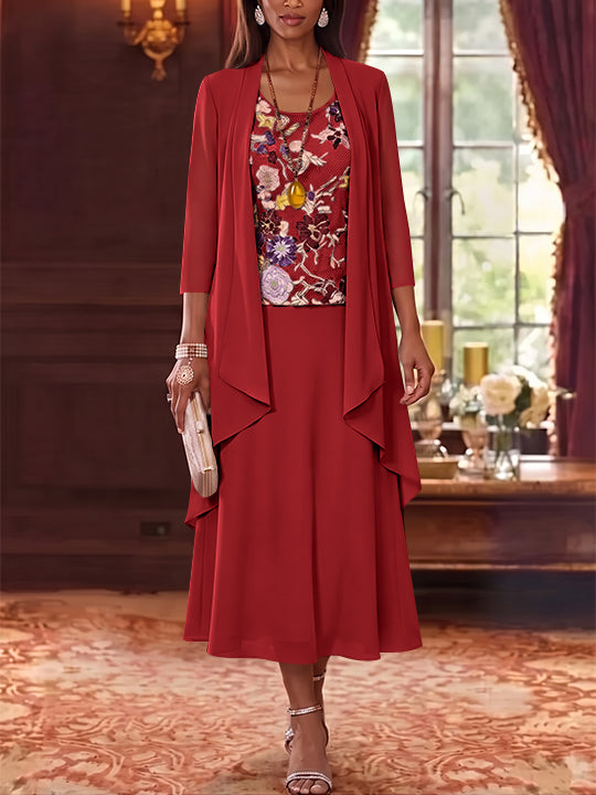 2 Pieces A-Line/Princess Scoop Chiffon Mother of the Bride Dresses Lace Embroidery 3/4 Sleeves Tea-Length