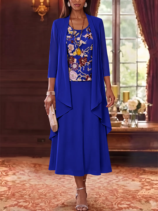 2 Pieces A-Line/Princess Scoop Chiffon Mother of the Bride Dresses Lace Embroidery 3/4 Sleeves Tea-Length