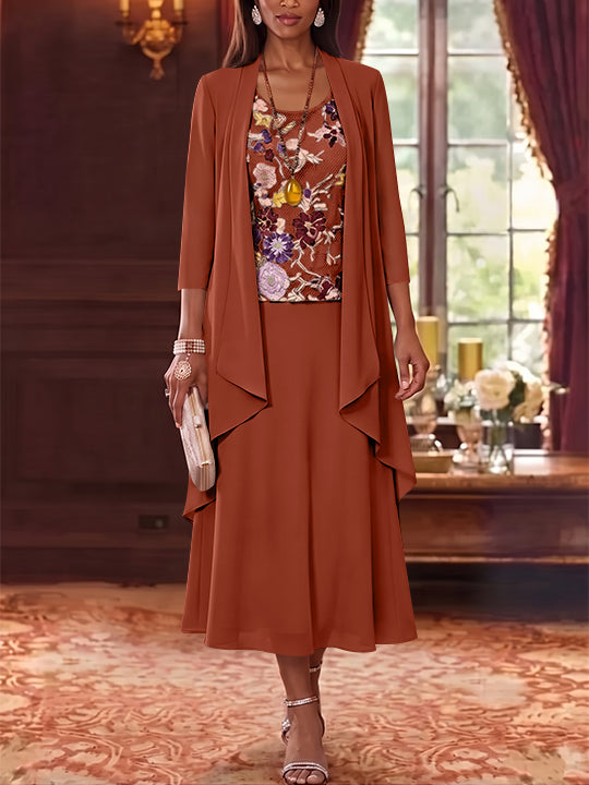 2 Pieces A-Line/Princess Scoop Chiffon Mother of the Bride Dresses Lace Embroidery 3/4 Sleeves Tea-Length