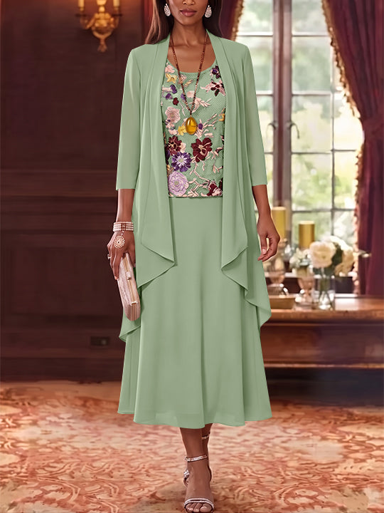 2 Pieces A-Line/Princess Scoop Chiffon Mother of the Bride Dresses Lace Embroidery 3/4 Sleeves Tea-Length
