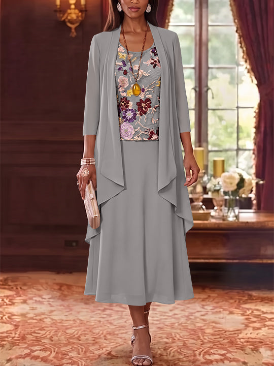 2 Pieces A-Line/Princess Scoop Chiffon Mother of the Bride Dresses Lace Embroidery 3/4 Sleeves Tea-Length