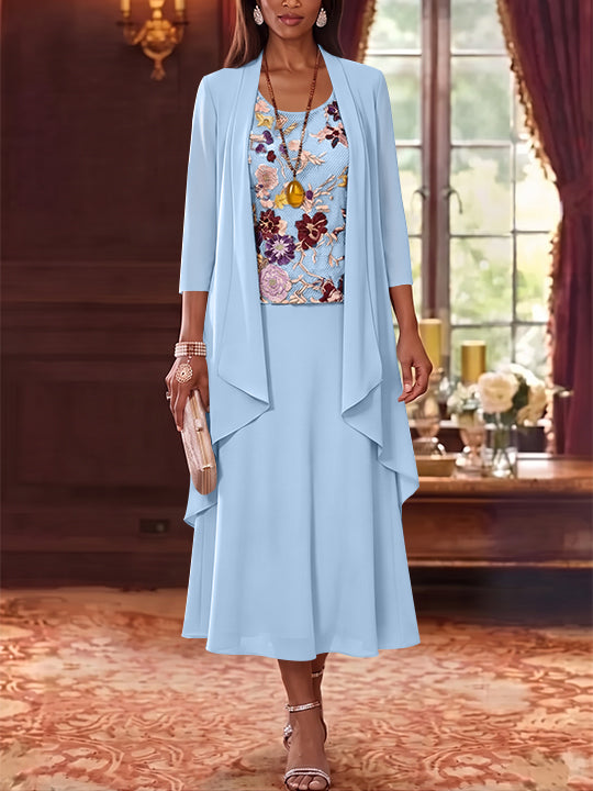 2 Pieces A-Line/Princess Scoop Chiffon Mother of the Bride Dresses Lace Embroidery 3/4 Sleeves Tea-Length